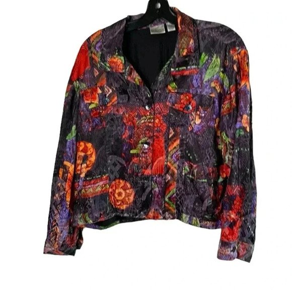 Chico s blazer , women size 2 . Linen ,silk , multi colored abstract,boxy,button - Picture 2 of 16
